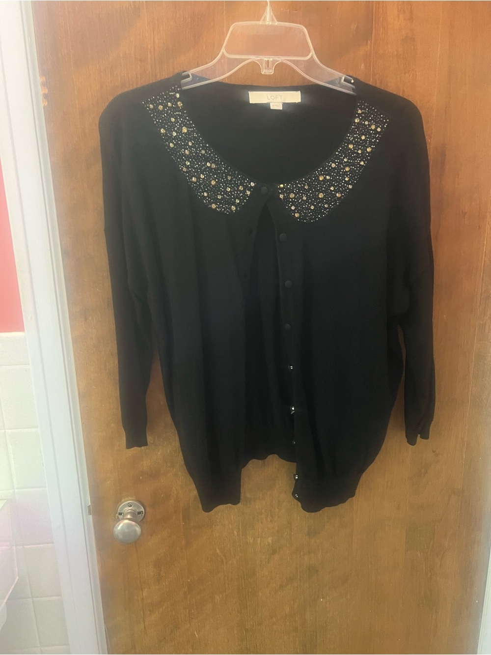 LOFT Black Cardigan with Jeweled Peter Pan Collar